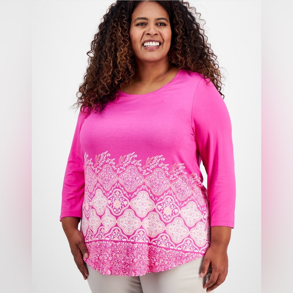 JM Collection Fuchsia and White Patterned Long Sleeve Top Size 1X